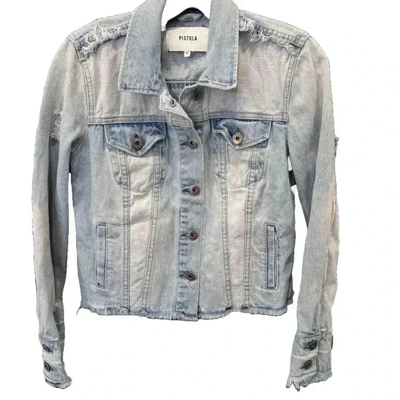 Pistola Women's Blue Denim Jacket Light Wash Distressed Raw Hem Cropped Size XS - Picture 1 of 8